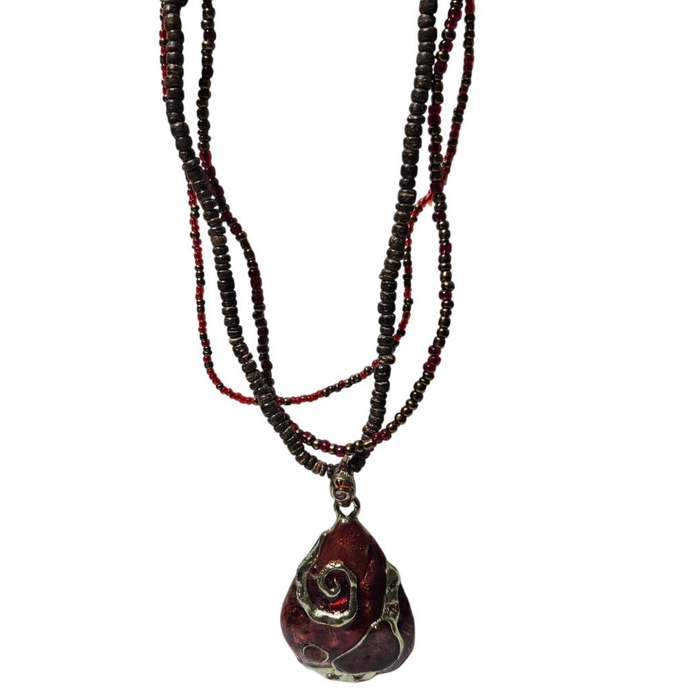 Boho Red Brown Beaded Necklace Teardrop Pendant Gold Tone Swirl Embedded Gems
